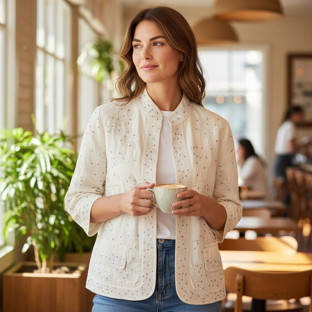 Chicos Womens Size 3 XL Ivory White Embroidered Beaded 3/4 Sleeve Blazer Jacket